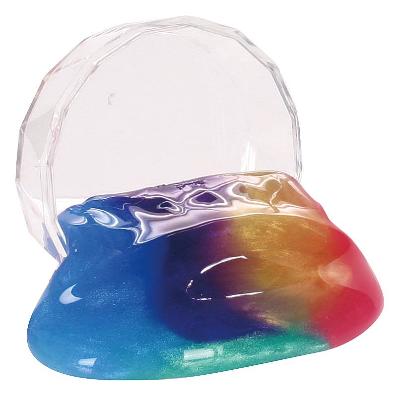 Mini Galactic Putty—shimmering, reusable multicolored slime in a clear faceted container—spills onto a white surface, showing off its blue, purple, yellow, and red hues.