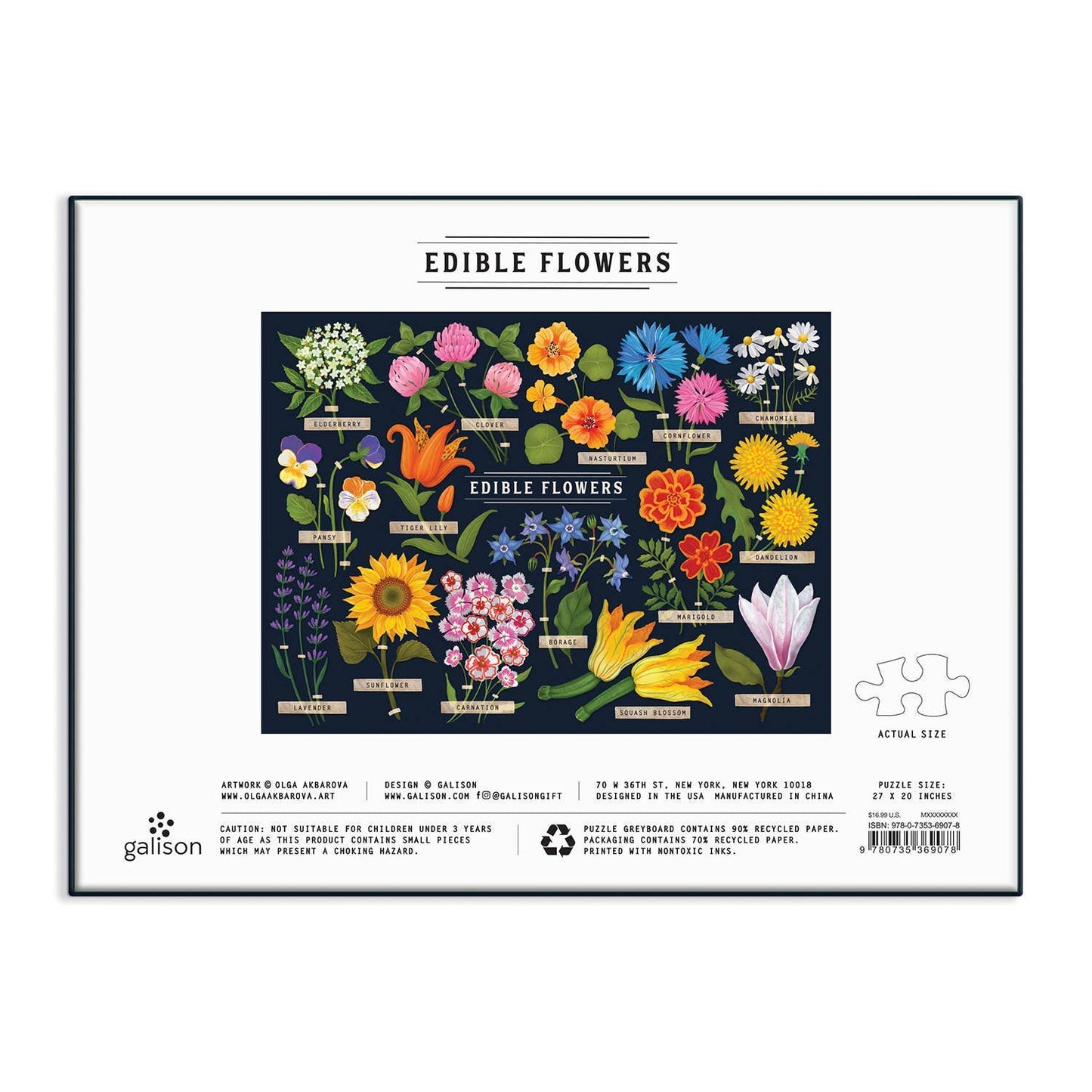 The Edible Flowers 1000 Piece Puzzle features a vibrant illustrated chart of edible flowers labeled with their names on a dark background, with “Edible Flowers” text above and product info shown below.