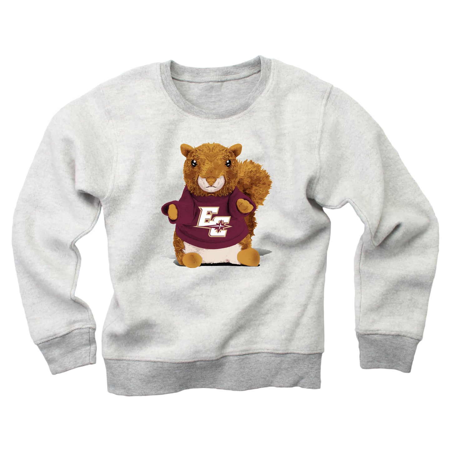 The Youth Reversible Squirrel Crew is a light gray sweatshirt with a cartoon squirrel in a maroon shirt featuring a white E and star logo on the front.