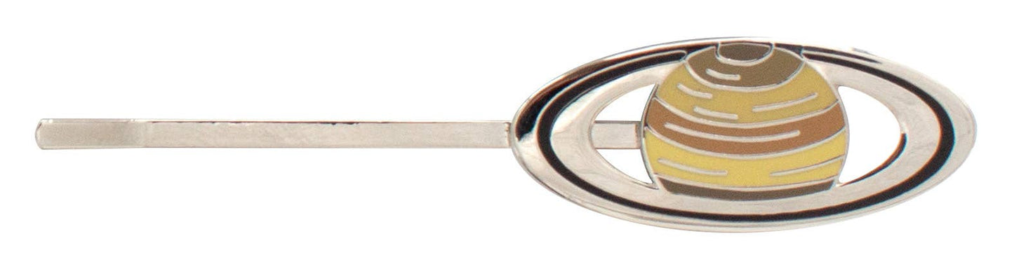 A silver Planet Hair Pin with a circular design featuring a stylized yellow and brown beehive—ideal for fans of unique astronomy or solar system hair accessories.