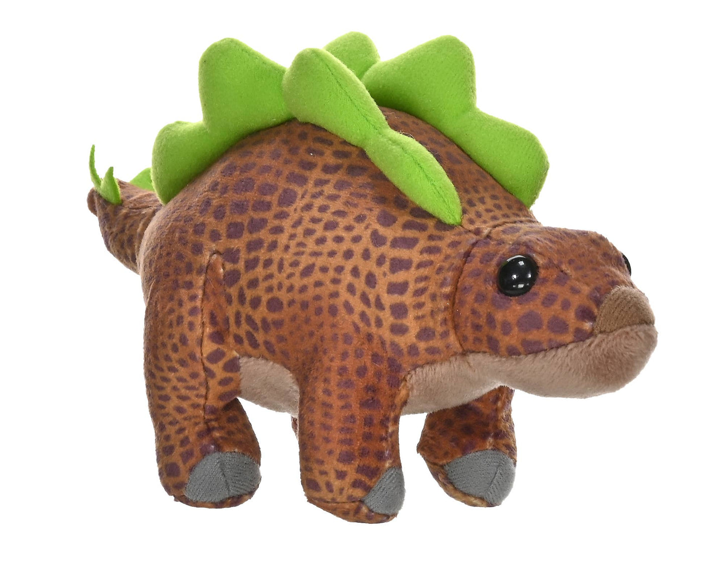 The Pocketkins-ECO-Dino Stegosaurus Stuffed Animal 5" is a charming plush dinosaur crafted from brown, spotted fabric with green felt plates along its back and gray feet. Standing on all fours, it features a cute, round face and large black eyes. Thoughtfully made from recycled materials, this eco-friendly stegosaurus offers an environmentally conscious way to enjoy cuddly fun.