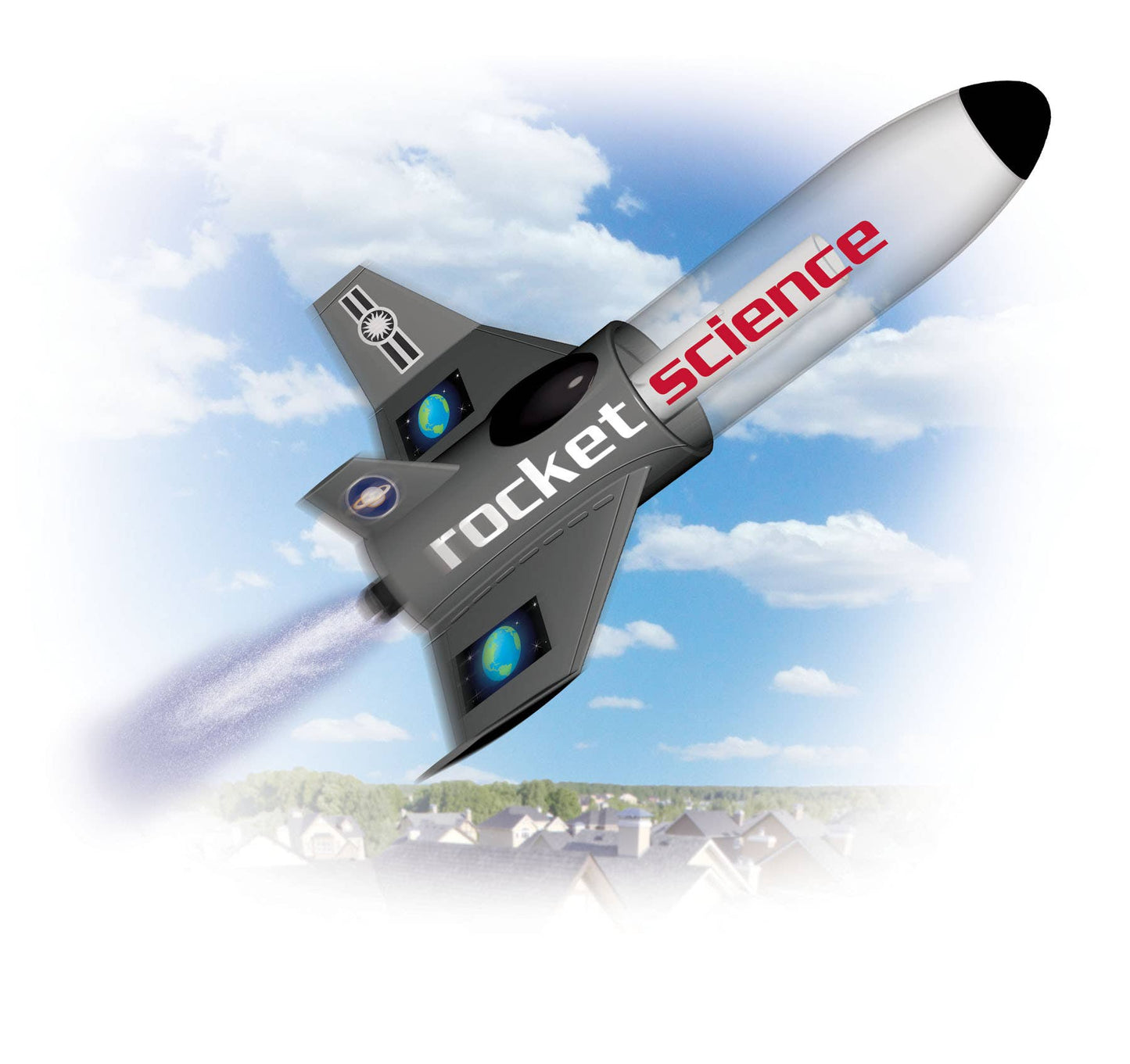 Illustration of model rocket with 'rocket science' branding against a blue sky background.