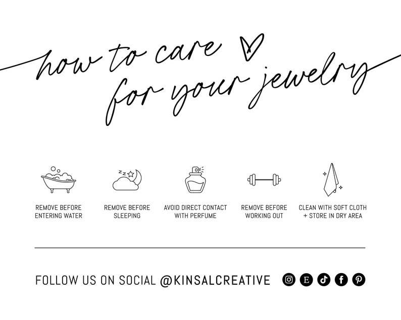 Minimalist graphic with handwritten text: how to care for your Cardinal Wood Stud Earrings. Icons show tips—remove before water, workouts, or sleep; avoid perfume; clean gently; store dry. Social icons are displayed below.