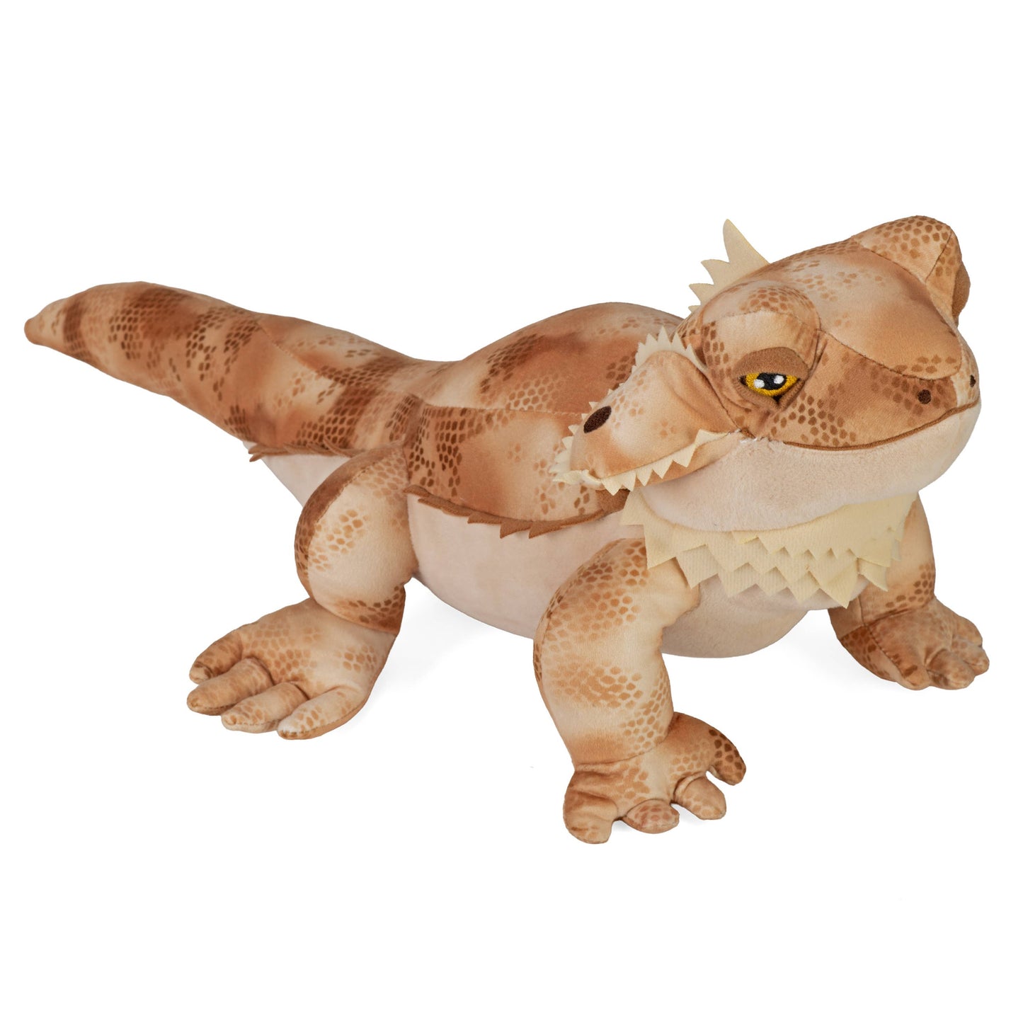 The Ck-Eco Bearded Dragon is a wildlife educational toy featuring brown and beige patterned fabric, yellow eyes, and a soft, spiky beard detail—perfect for inspiring curiosity about reptiles.
