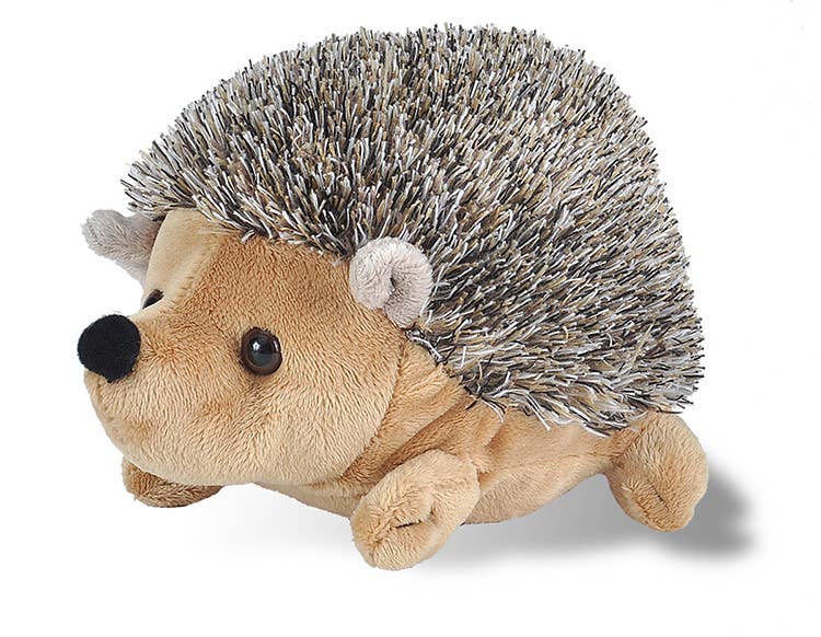 The Hedgehog Stuffed Animal 8" by Wild Republic features a light brown face, black button eyes, a round black nose, small ears, and a back covered in soft, textured gray and white spines.