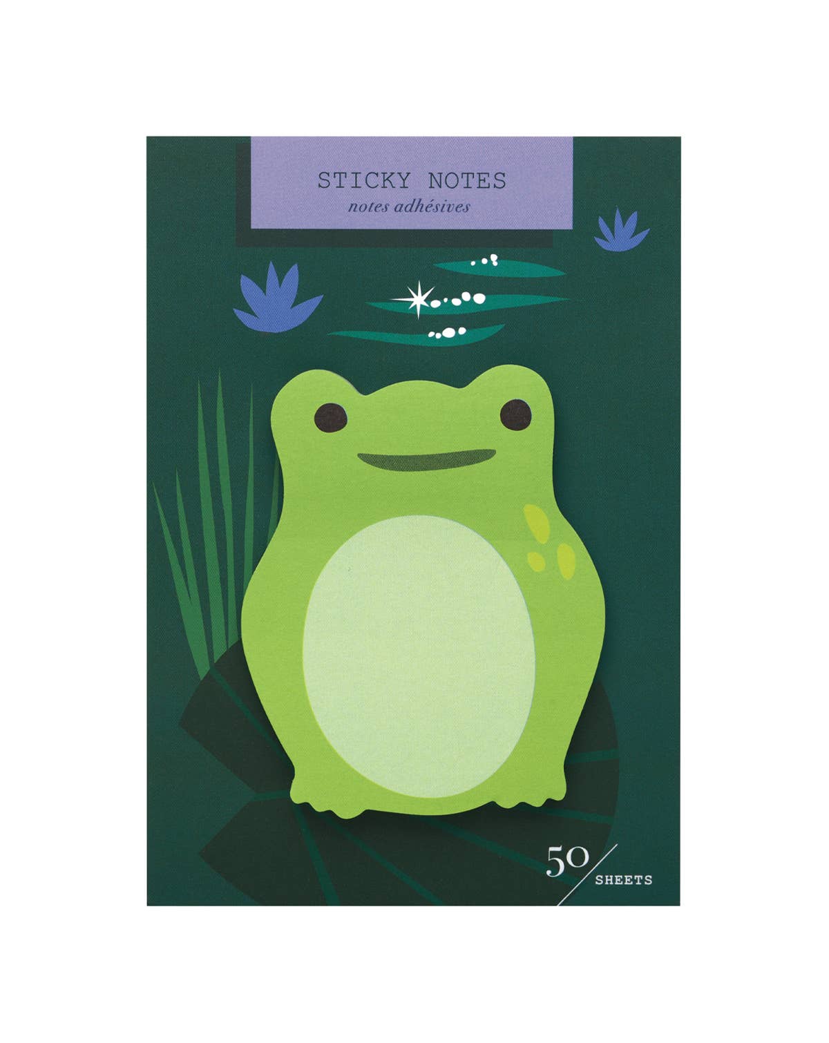 Frog Die Cut Sticky Notes: 50-sheet pack of writable notes shaped like a cute green frog with a light belly, cheek spots, and a smiling face on a dark green background decorated with leaves and blue flowers.