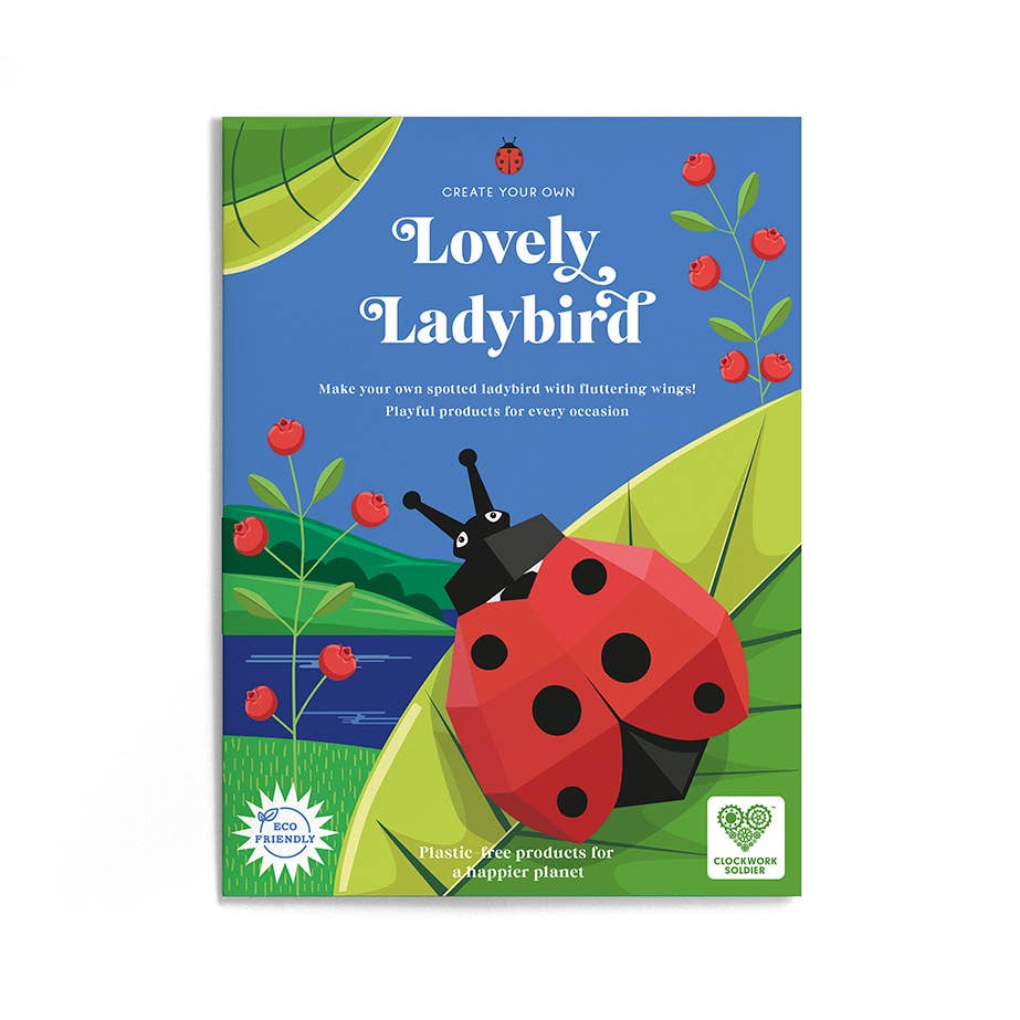 The Create Your Own Lovely Ladybird craft kit box features a cartoon red-and-black ladybird on leafy branches with berries. “Create Your Own Lovely Ladybird” is the title. Eco-friendly and plastic-free icons are shown at the bottom.