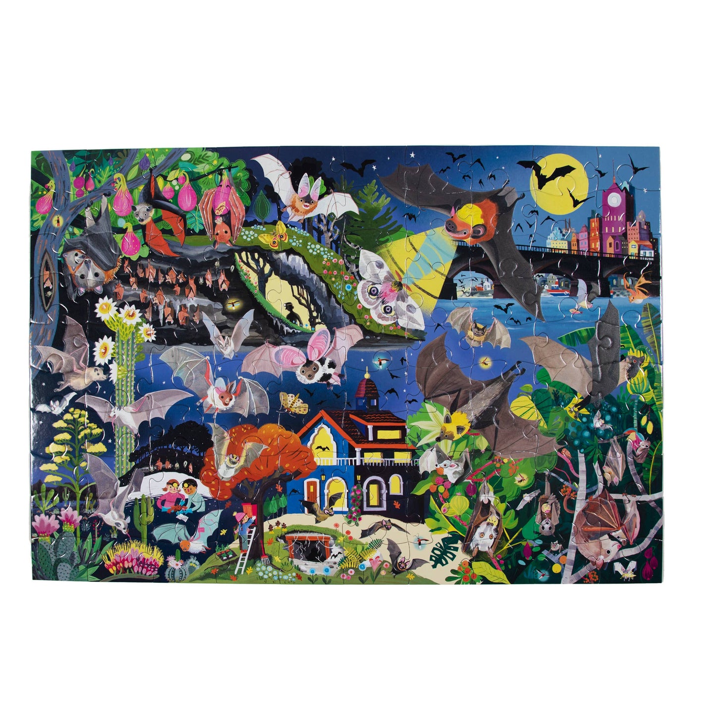 The Love of Bats 100 Piece Glow in the Dark Puzzle features colorful illustrated bats, trees, animals, and a clock tower cityscape in a vibrant nighttime scene—perfect for learning about bat species and glowing fun!.