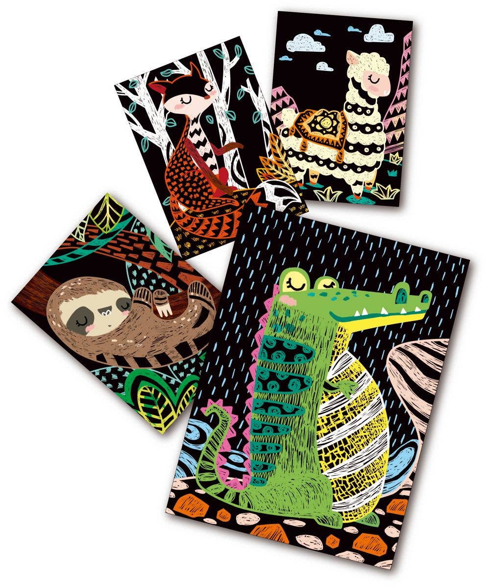 Scratch Art 4 MAGIC ANIMALS features four vibrant, scratchboard-style animal illustrations: a fox in a forest, a llama with mountains, a sloth and baby on a branch, and a crocodile relaxing in the rain.