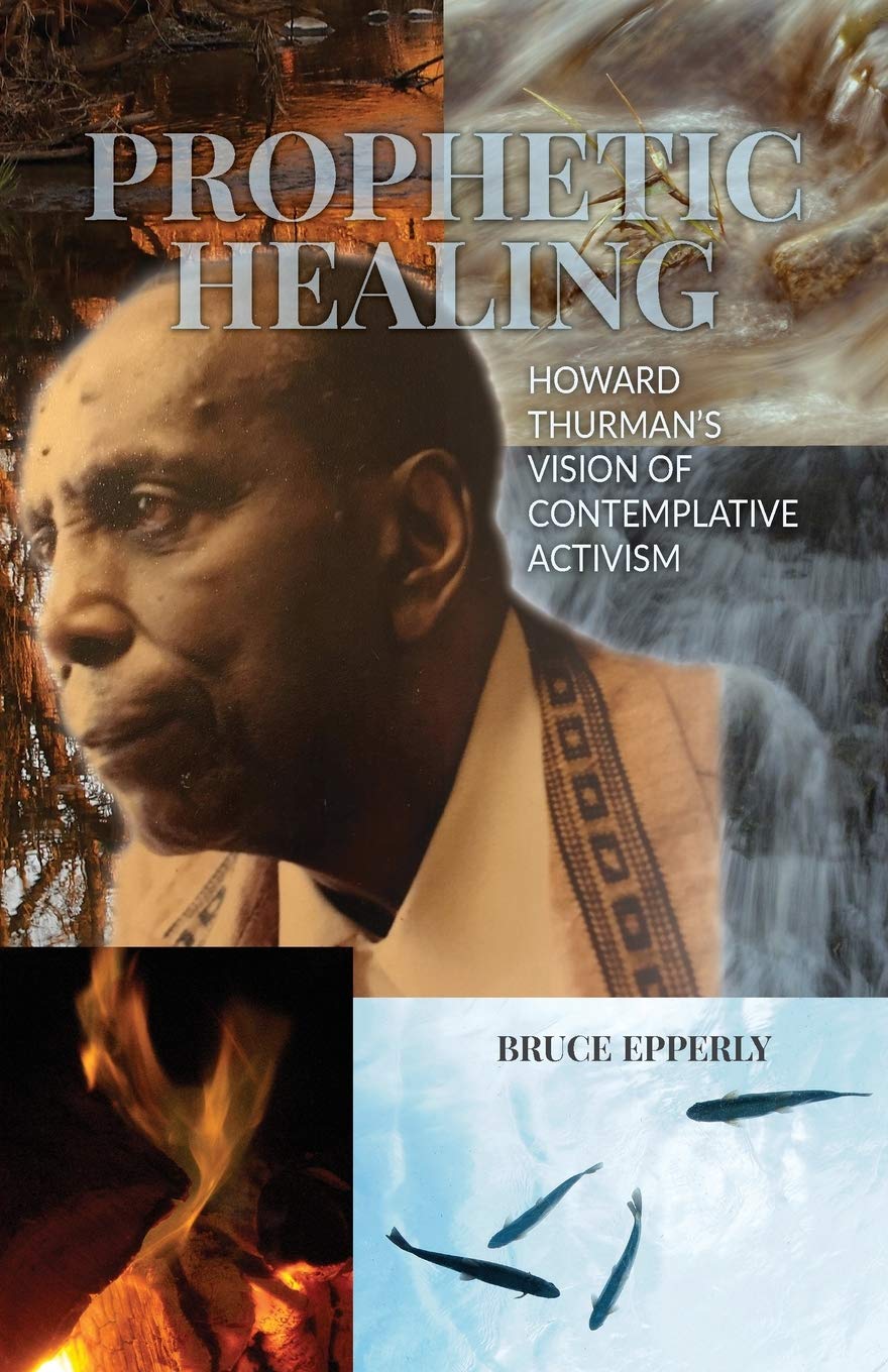 Book cover for Prophetic Healing, displaying a thoughtful man’s portrait with flowing water, fire, and abstract blue and black shapes that evoke a sense of mystical theology.