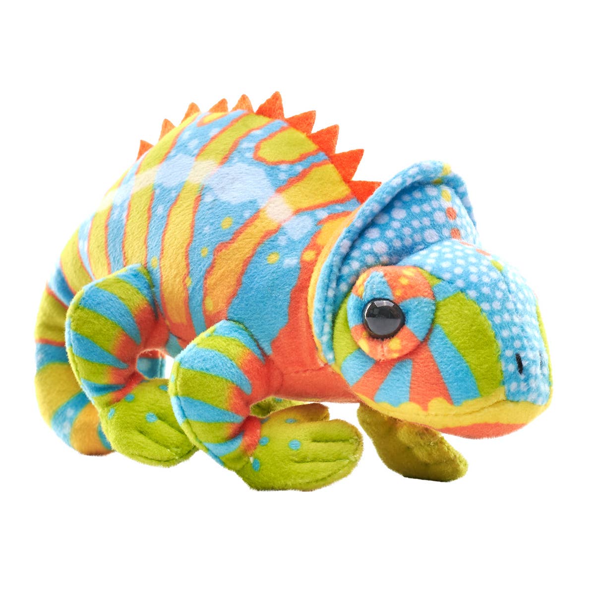 The Pocketkins-ECO-Chameleon Stuffed Animal 5" by Wild Republic is an eco-friendly plush toy featuring vibrant blue, orange, yellow, and green patterns, striking orange spines along its back, and large black eyes.