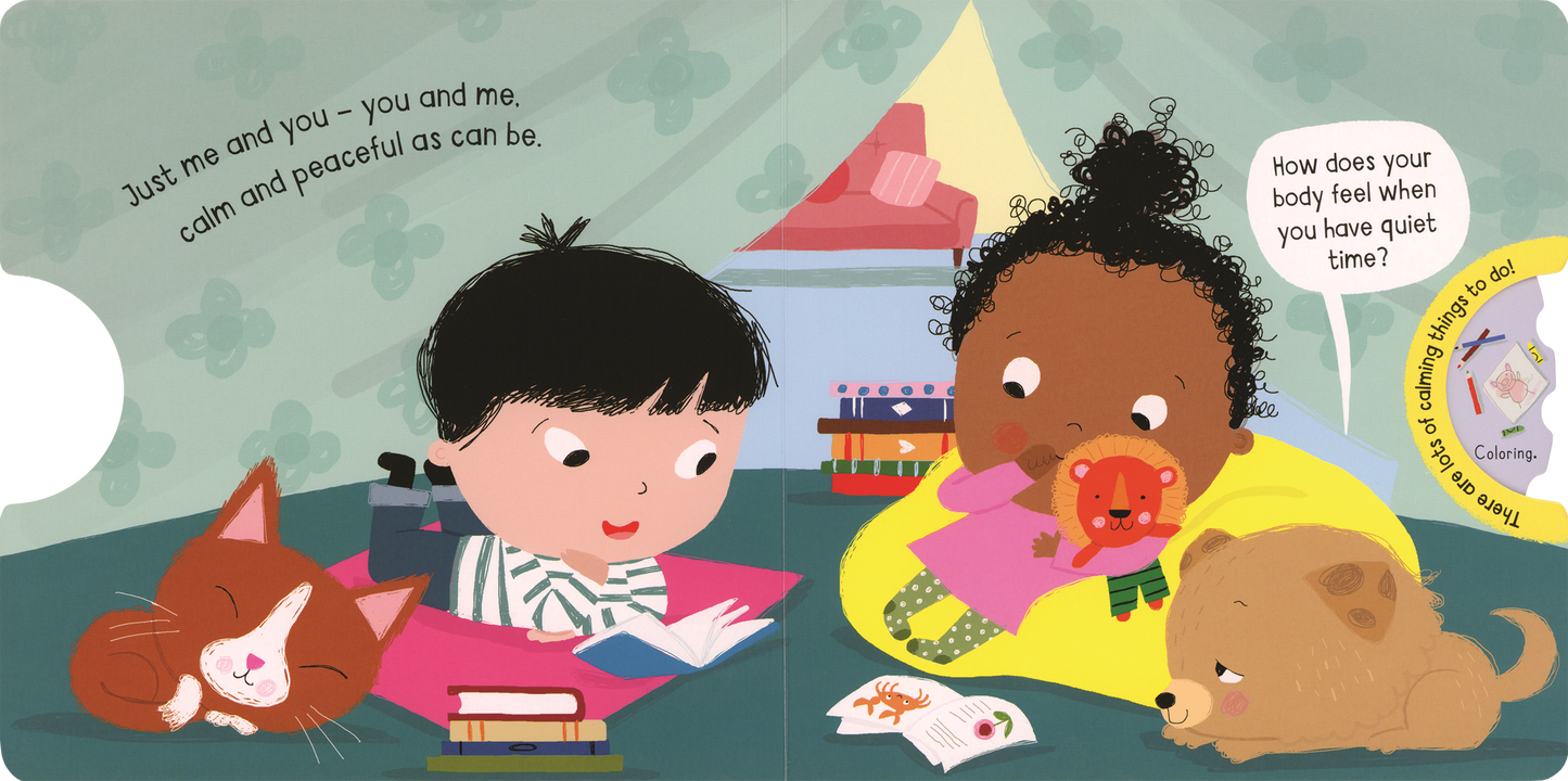 Two children relax in a cozy tent beside a cat and dog, reading the "I Can Be Calm" board book. One hugs a stuffed toy. Books, crayons, and a drawing are on the blanket, while a calming message appears above.