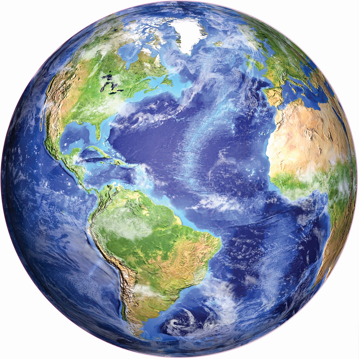 The Planet Earth 1000 Piece Round Jigsaw Puzzle features a breathtaking image of Earth from space, displaying the Americas, Atlantic Ocean, parts of Africa and Europe, complete with clouds and weather patterns—perfect for puzzle enthusiasts.