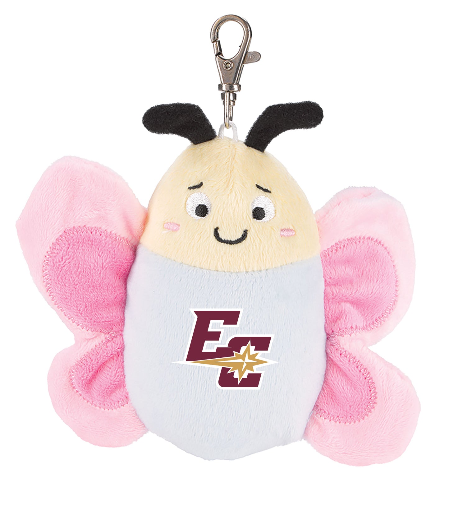 Plush Bag Charms featuring a butterfly design with pink wings, a cheerful smiling face, and the letters "EC" alongside a star logo on its body. This keychain includes a metal clasp at the top for easy attachment.