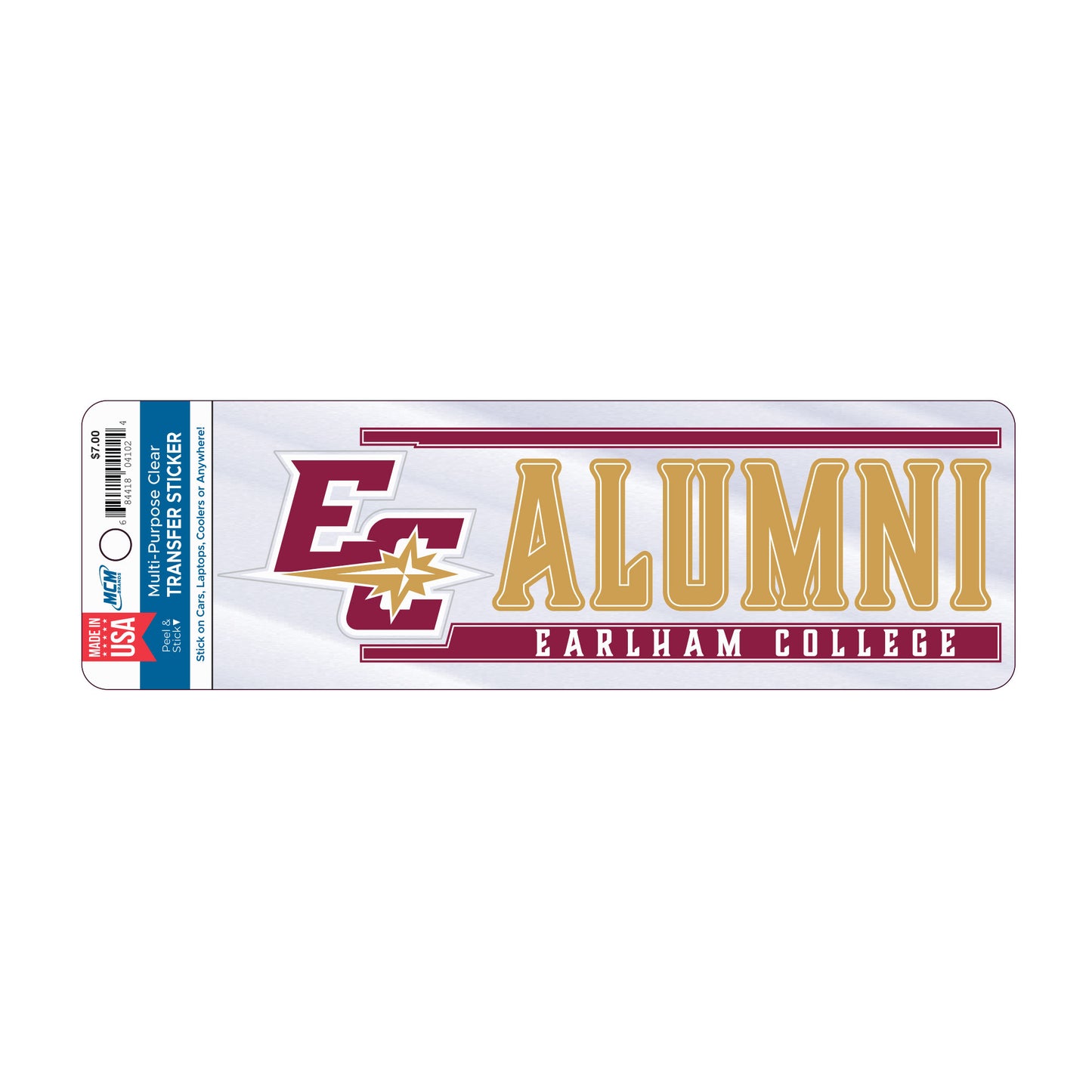 Clear Transfer Decal featuring the Earlham College logo with gold "ALUMNI" text and white "EARLHAM COLLEGE" text on a maroon background. A blue and white label on the left indicates this is a USA-made transfer sticker.