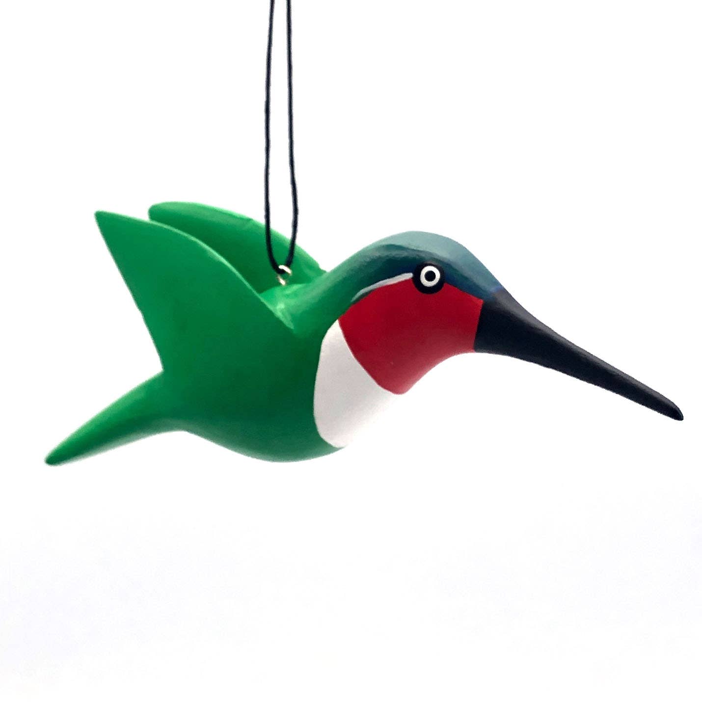 The Ruby Throated Hummingbird Balsa Ornament features hand-carved balsa wood with green wings, a red throat, and white chest. Hanging by a black string, it's an enchanting addition to your Christmas ornament collection.