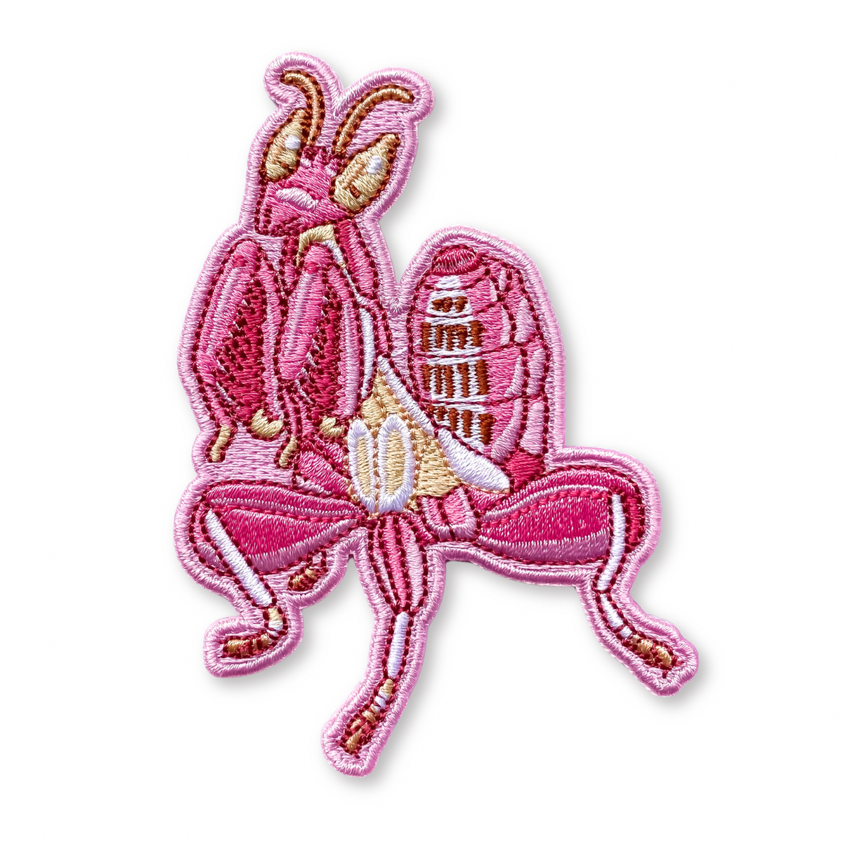 Orchid Mantis Iron-On Embroidered Patch in shades of pink.