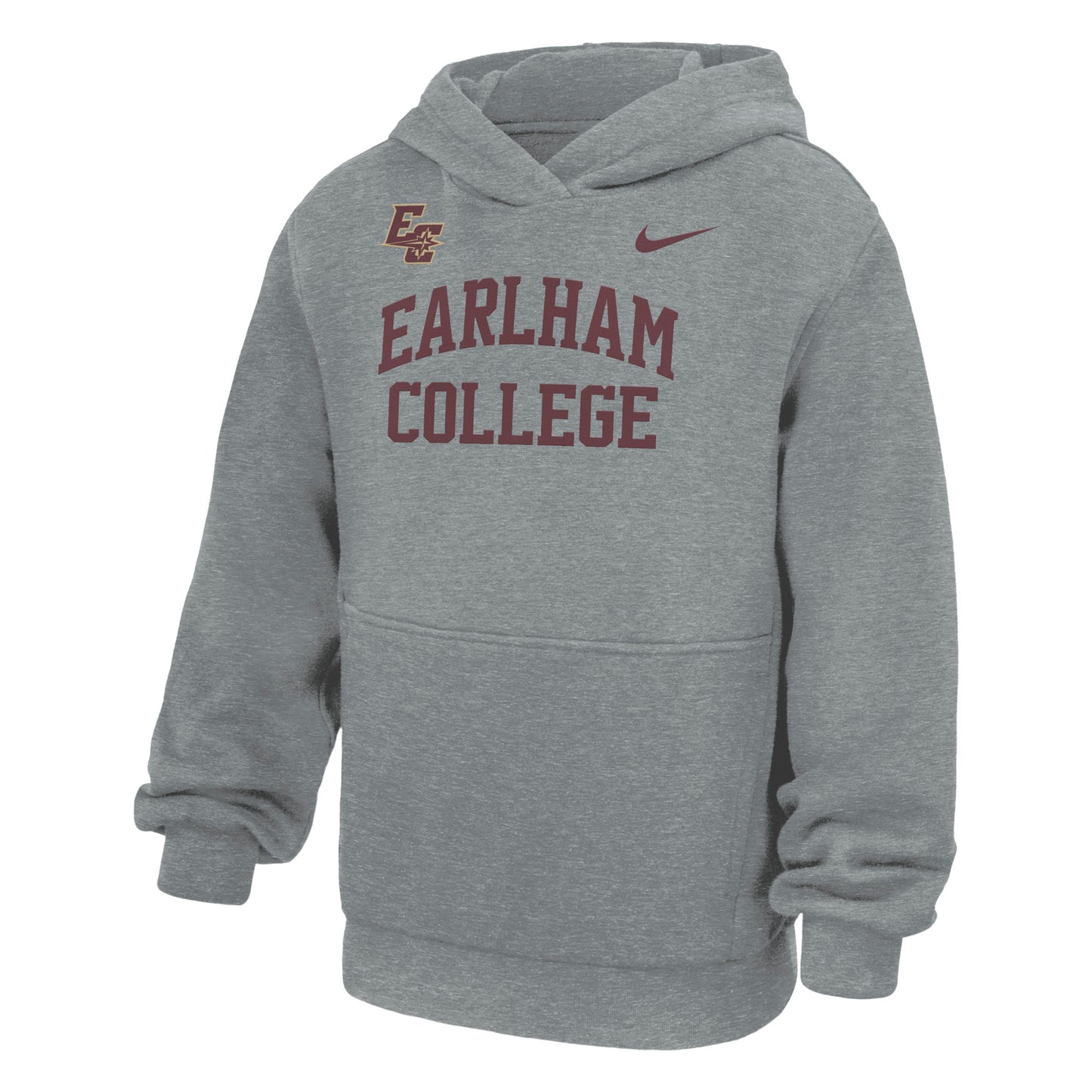 Nike Youth Club Fleece Hood in gray, featuring “Earlham College” in maroon lettering across the front, a maroon Nike logo, and an EC insignia on the left shoulder.