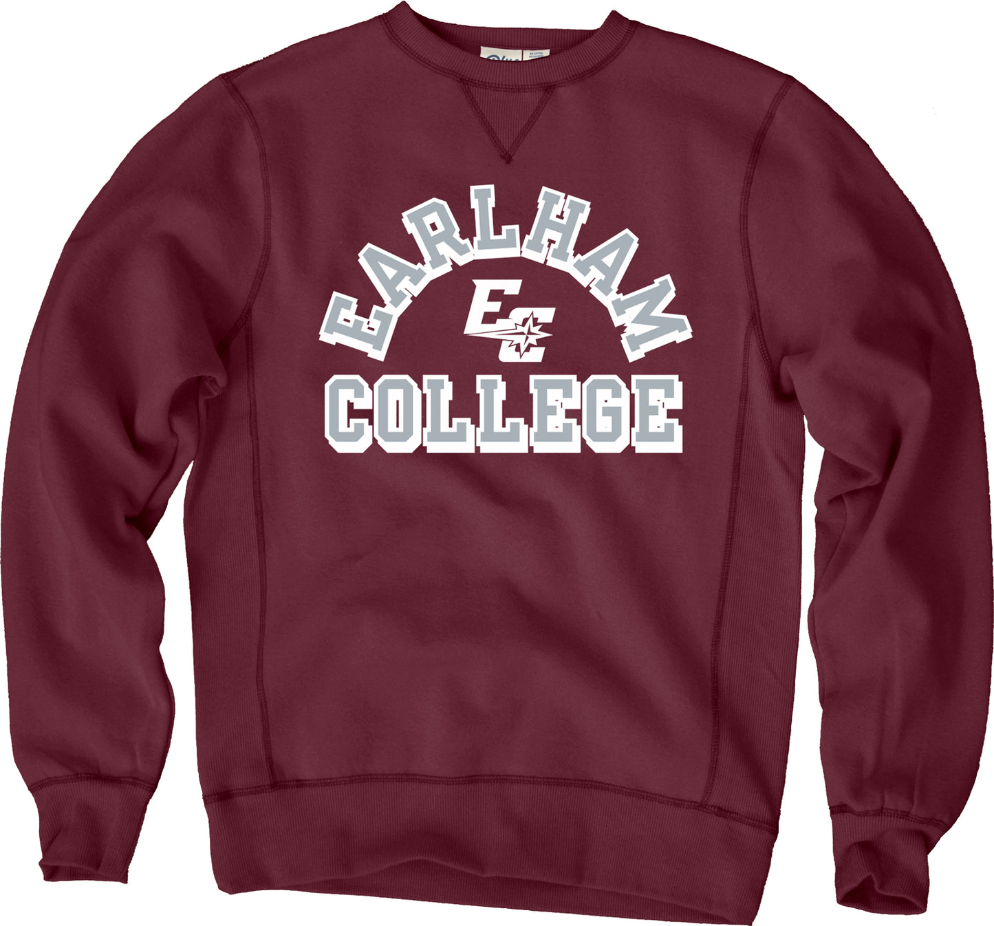 The Sanded Fleece Earlham Crew is a maroon crewneck sweatshirt with "Earlham College" in white and a stylized "EC" with a bird graphic at the center.
