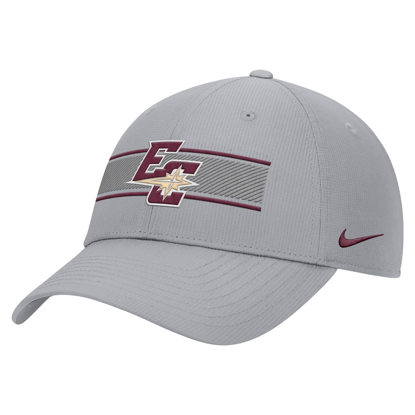 The Nike Club Lightweight Cap is a light gray ripstop baseball hat featuring a maroon and gold embroidered EC logo with a star on the front, decorative stripes, and a maroon Nike Swoosh on the left side.