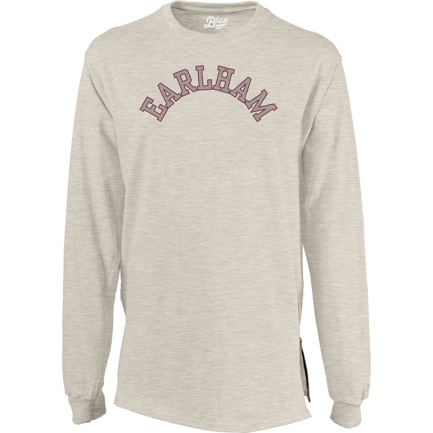 The Women's Side-Zip Tee is a light gray long-sleeve shirt with "EARLHAM" in large arched maroon letters across the chest, featuring a crew neckline and cuffed sleeves.