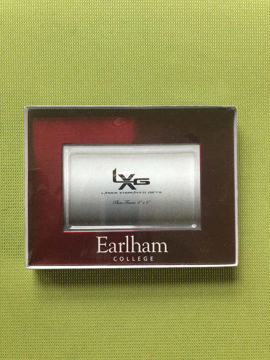 4x6 metal picture frame with a silver frame and a burgundy center, and Earlham College printed below the photo slot.