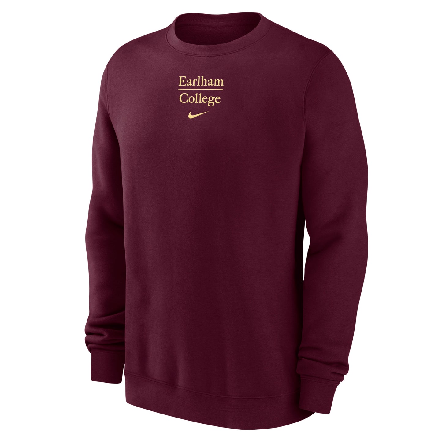 A maroon Nike Embroidered Club Fleece crewneck sweatshirt featuring “Earlham College” and a yellow embroidered Nike swoosh logo on the chest.