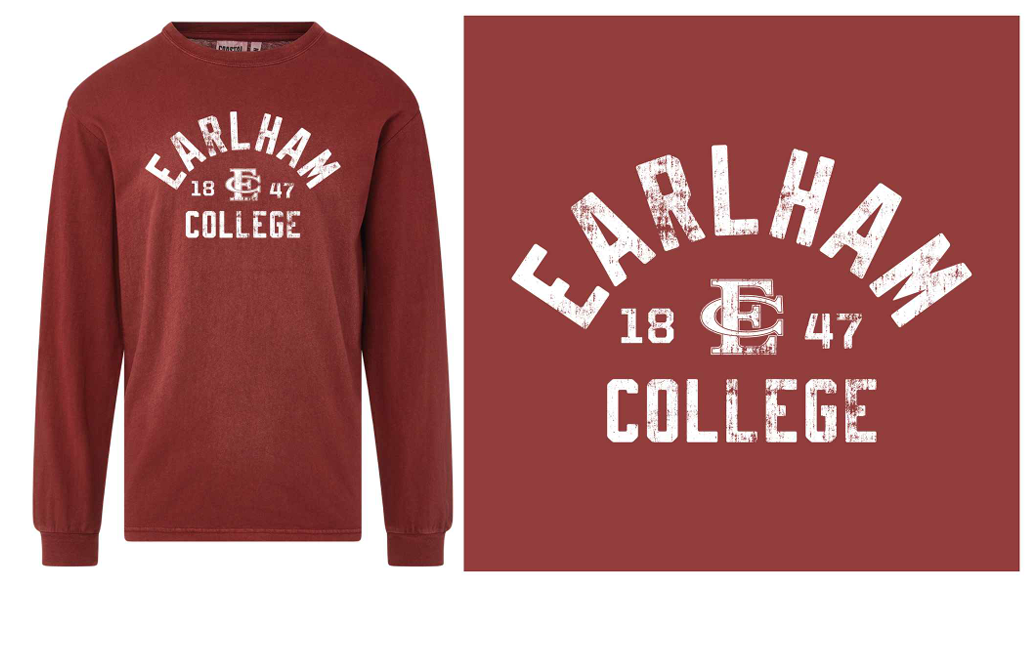 Red long-sleeve shirt with 'Earlham College' text on a white background