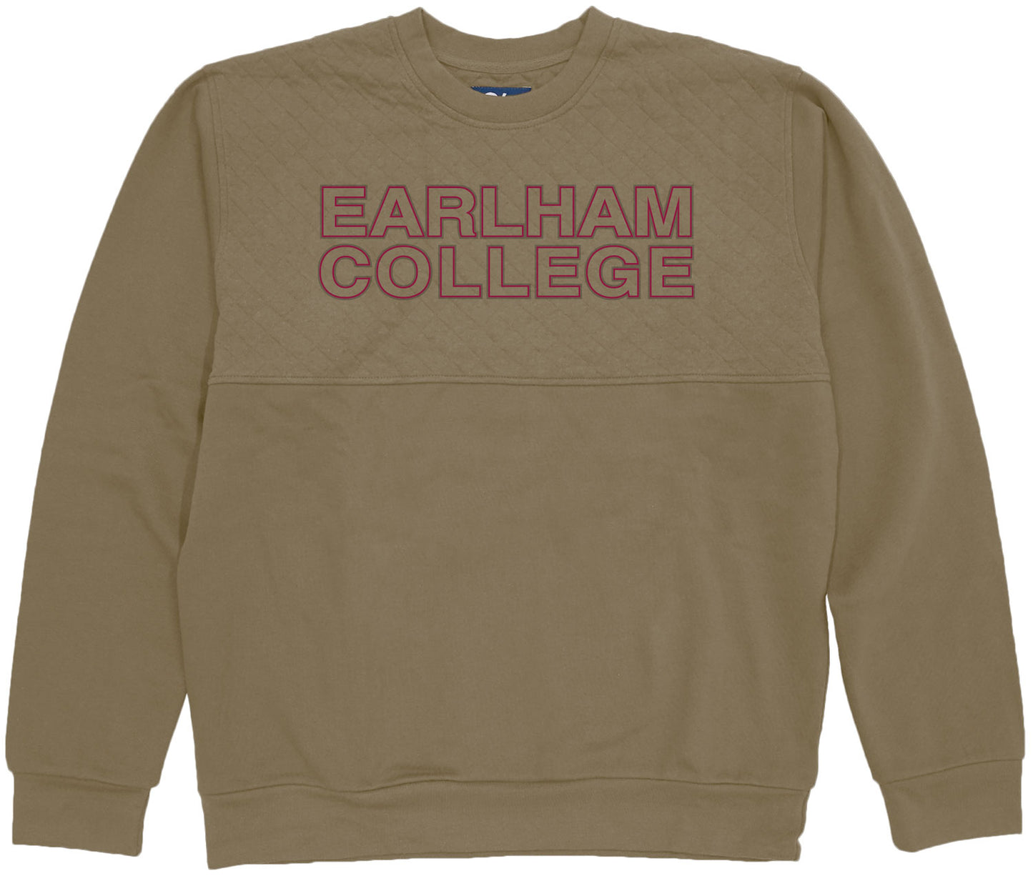The Quilted Fleece Sweatshirt is a khaki crewneck with quilted stitching on the upper chest and "EARLHAM COLLEGE" in large maroon outlined letters across the front.