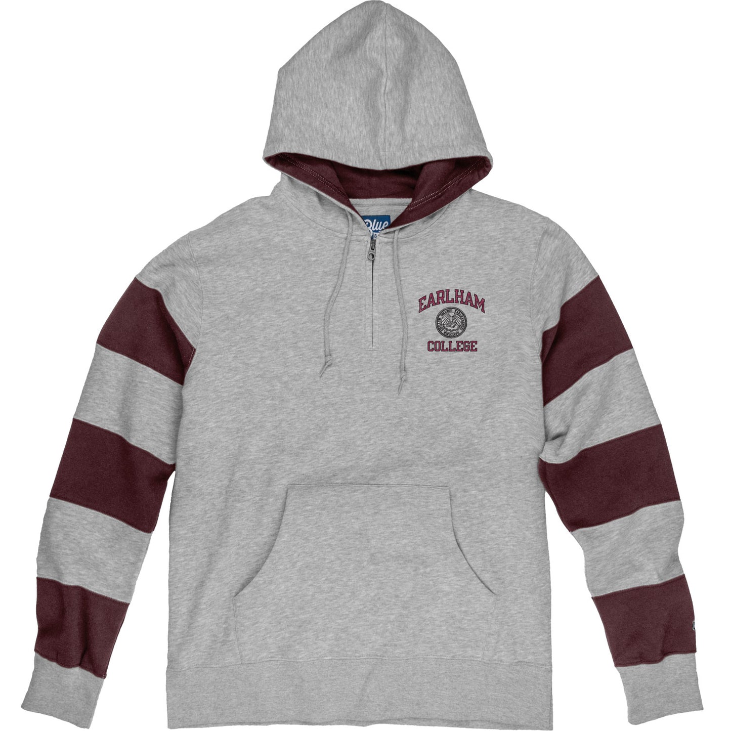 The Earlham Striped Rugby Hood is a gray hooded sweatshirt featuring maroon sleeve stripes, a front pocket, and Earlham College text with a logo on the left chest.