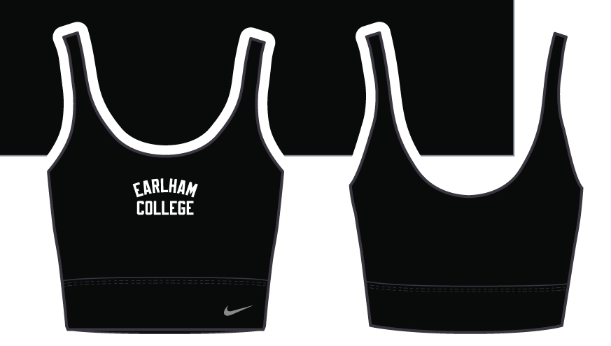 The Nike Sports Bra in black features "EARLHAM COLLEGE" printed in white on the front, with the Nike logo positioned at the lower left. Both the front and back views display white trim outlining the neckline and armholes.