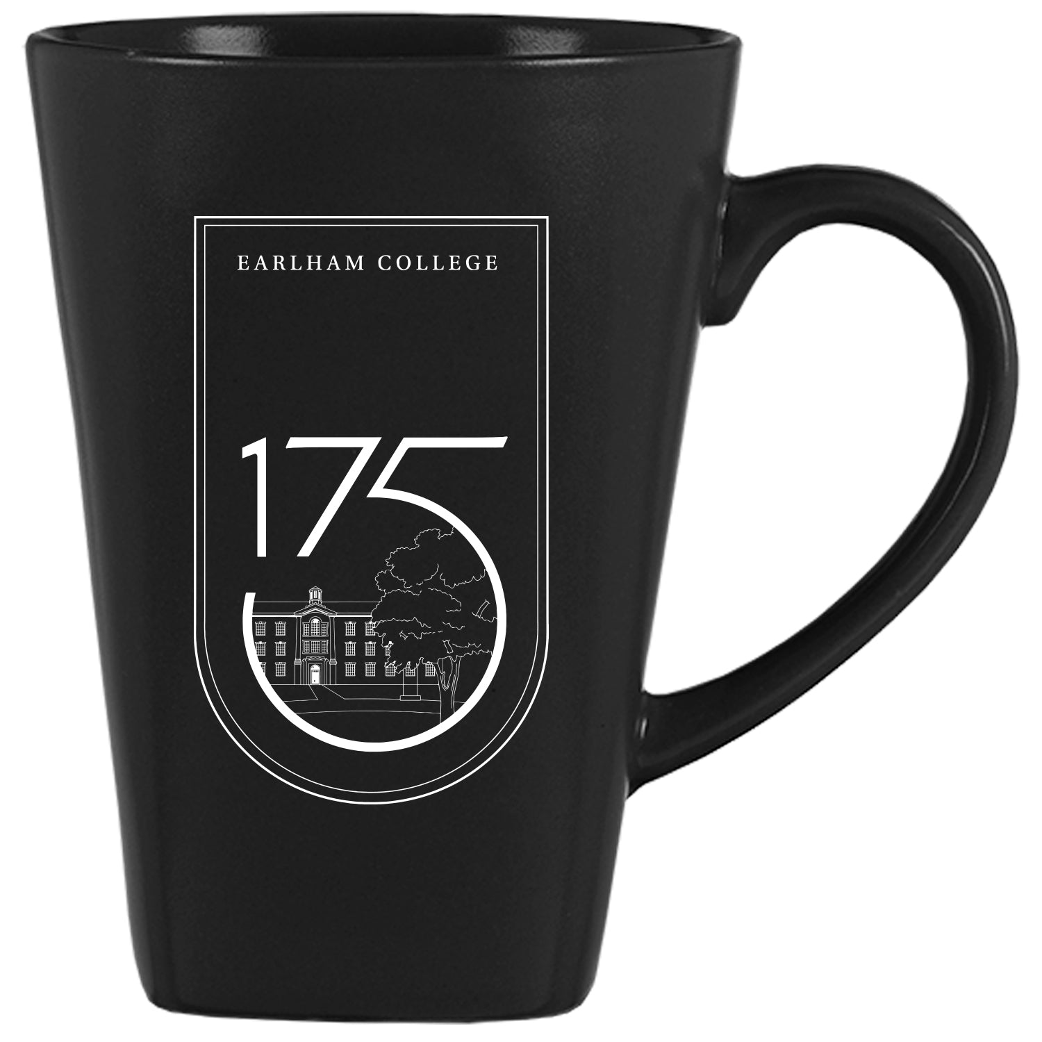 Tall 12 oz black mug that reads "Earlham College 175"
