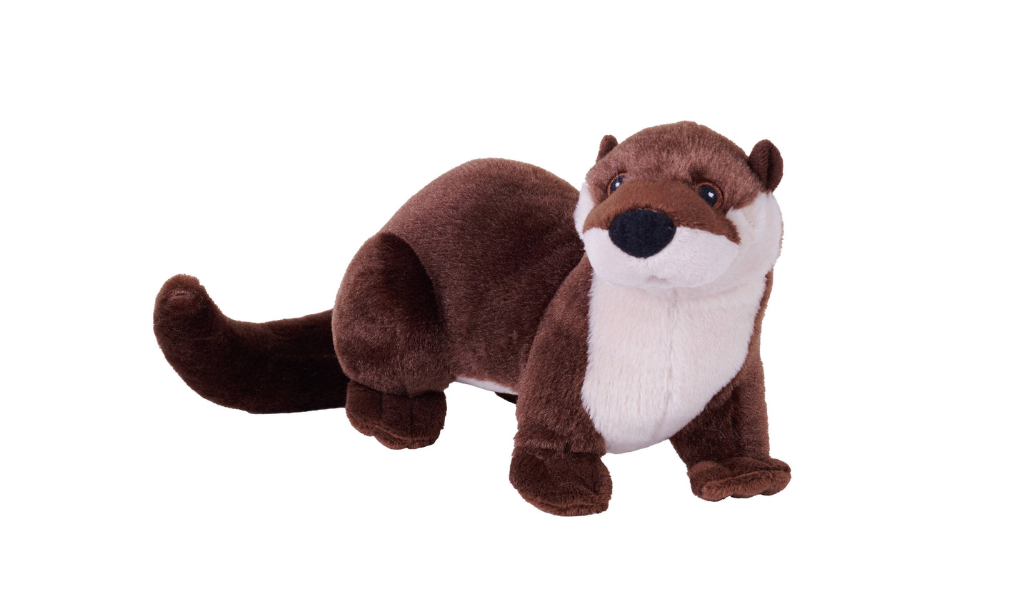 A Mini ECO River Otter Stuffed Animal 8" in brown and white, featuring a long tail, dark nose, and black button eyes, is shown against a plain white background. Crafted from eco-friendly plush materials, this adorable otter makes a perfect companion for animal education and imaginative play.