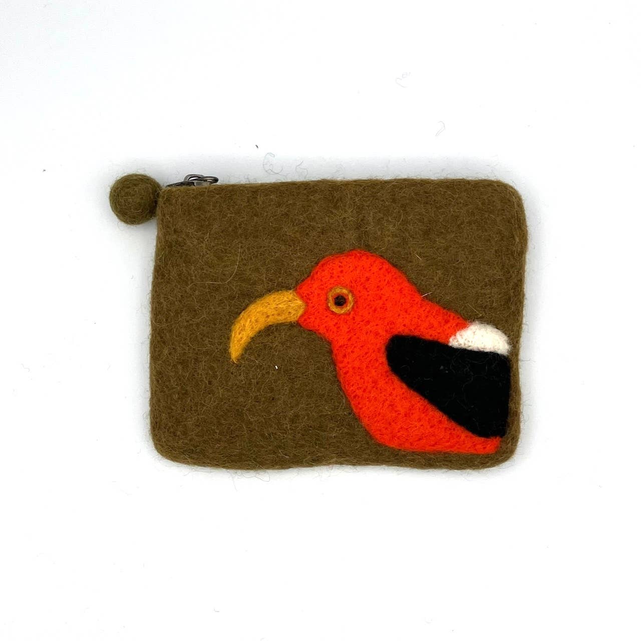 Introducing the Scarlet Honeycreeper Felt Coin Purse—a small brown zippered felt pouch, featuring a vibrant red and orange bird with a yellow beak and black-and-white wing accents crafted on the front. Artisan made for unique style and quality, this fair trade coin purse is the perfect blend of charm and craftsmanship.