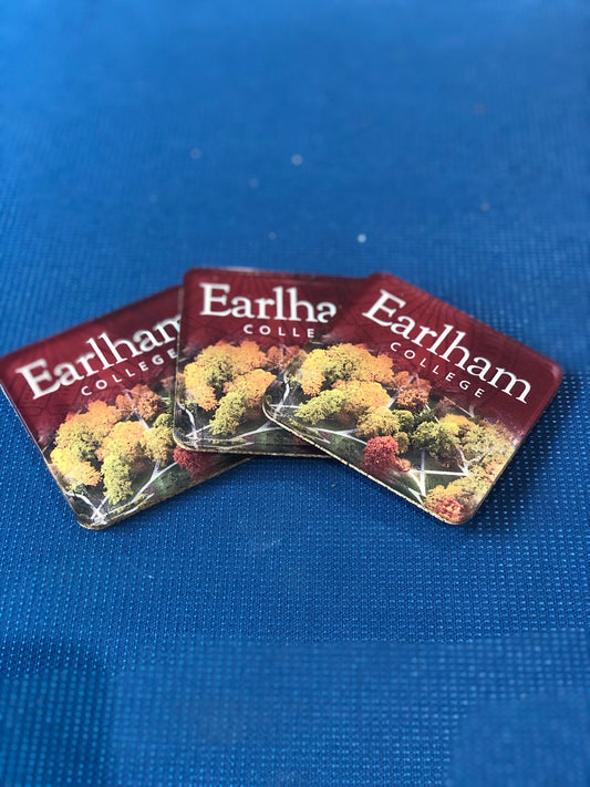 Acrylic Earlham College coaster with The Heart pictured on it.