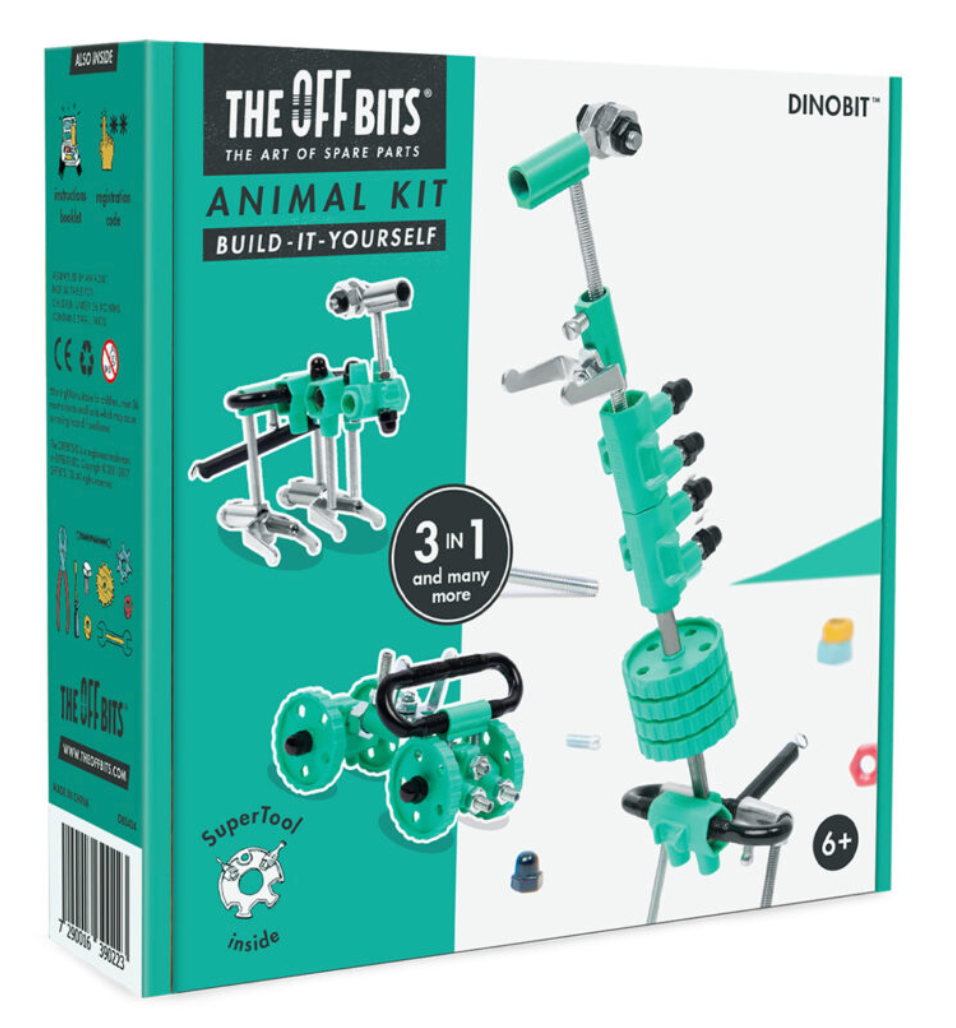 The DinoBit kit is a turquoise and white STEAM toy box for ages 6+, letting kids build 3-in-1 robot animals. It includes models, parts, and a SuperTool—boosting creativity and fine motor skills.