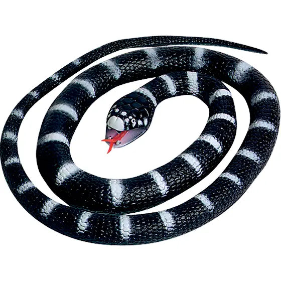 A Califonia King Snake (rubber) is coiled in a circle, its head raised and red tongue sticking out. This toy features shiny, textured scales that make it look strikingly realistic.