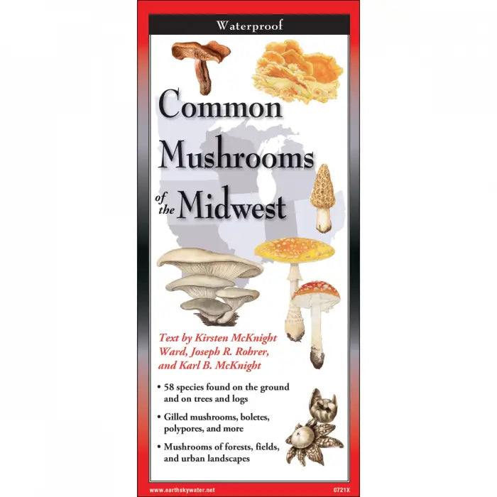 The cover of Waterproof Guide: Common Mushrooms of the Midwest shows illustrations of 58 mushroom species on a red and white background, noting its waterproof design.