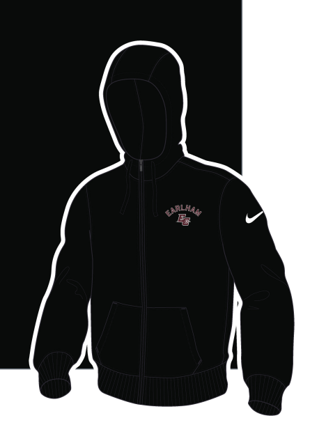 A black hoodie with a zipper, a white swoosh on the left arm, and an arched Earlham logo with the athletic EC logo beneath it on the left chest