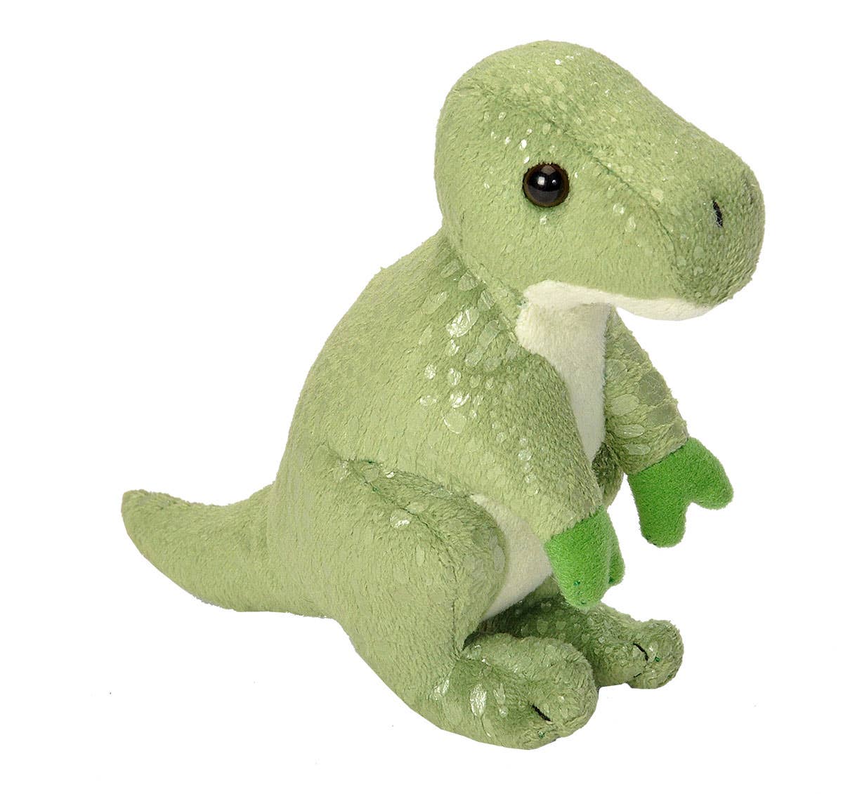 The Pocketkins T-Rex Stuffed Animal 5" is a soft, eco-friendly green plush dinosaur with white spots and belly, large black eyes, and small green arms—crafted from recycled water bottles.