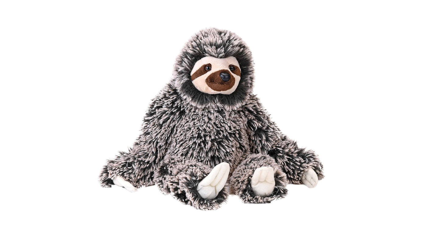 The CK Three Toed Sloth Natural 12" by Wild Republic features shaggy gray fur, a light brown face, and white feet—an adorable plush toy perfect for sloth lovers.