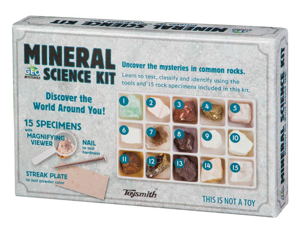 The Mineral Science Kit by Toysmith features 15 mineral specimens, a magnifying viewer, nail, and streak plate for hands-on STEM learning. Learn to test, classify, and identify rocks with this educational kit.