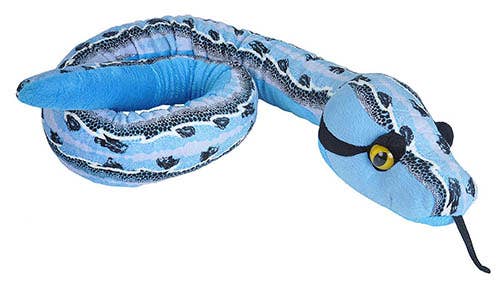 The Snake Slipstream Blue Stuffed Animal 54" by Wild Republic features patterned black markings, yellow and black eyes, and a short black tongue. This light blue plush snake is coiled in a loose spiral shape.