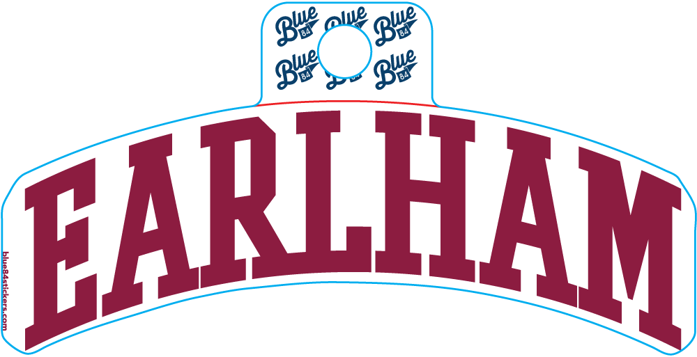 The Earlham Vinyl Stickers feature "EARLHAM" in large, bold maroon letters on a white background, topped with a small blue circular Blue Key logo.