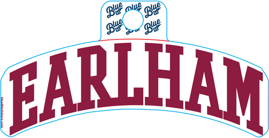 The Earlham Vinyl Stickers feature "EARLHAM" in large, bold maroon letters on a white background, topped with a small blue circular Blue Key logo.