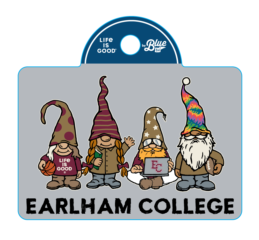 Four cartoon gnomes in colorful hats appear above "Earlham College" on this Earlham Vinyl Sticker. One gnome holds a basketball, another wears braids, one has an EC book, and the last sports sunglasses with a tie-dye hat.