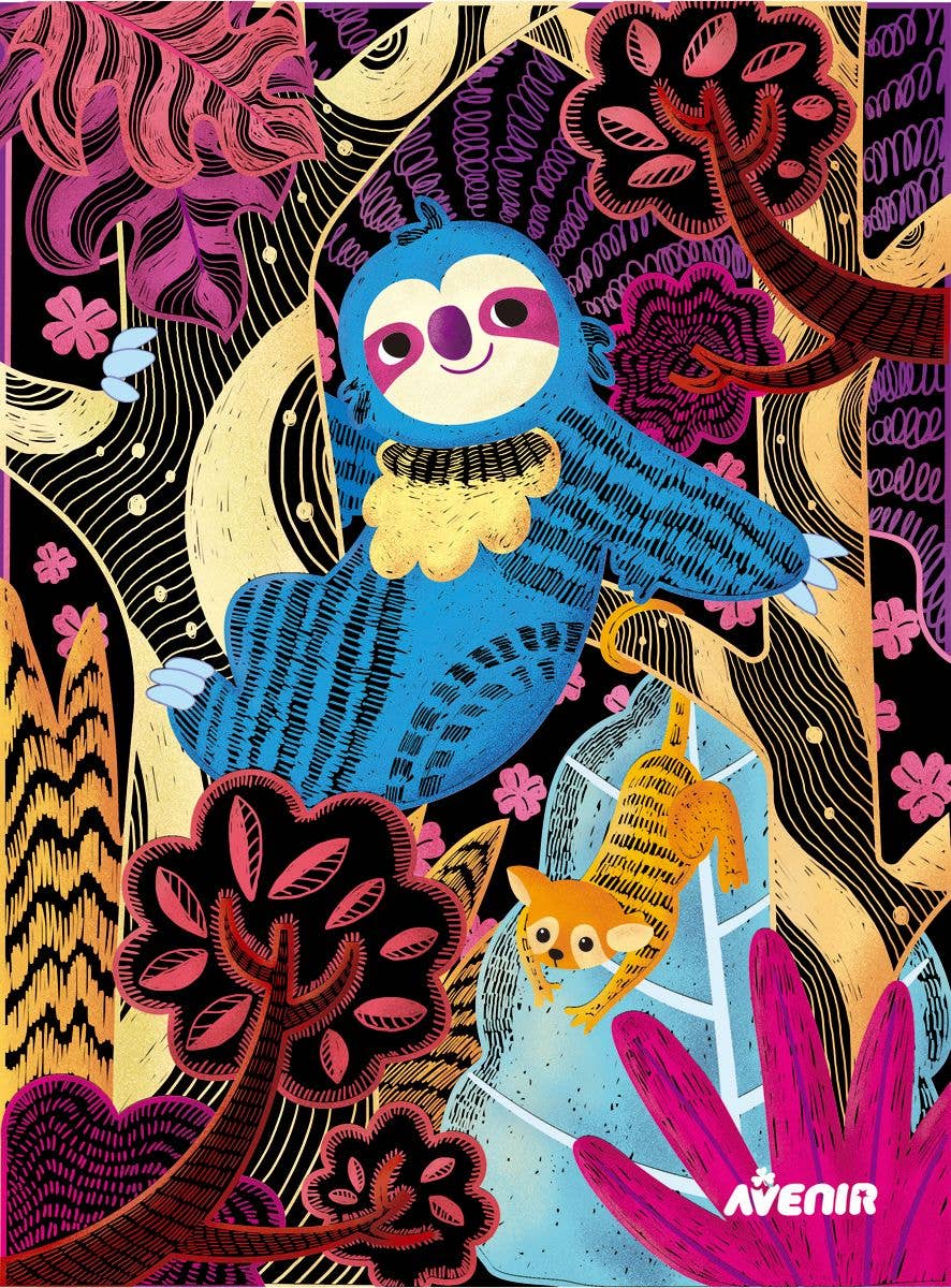 A playful blue sloth lounges on an icy slide as a small orange animal slides below amid abstract trees—just like the Scratch Art with Stem SLOTHS kids craft set. The word AVENIR appears in the bottom right corner.