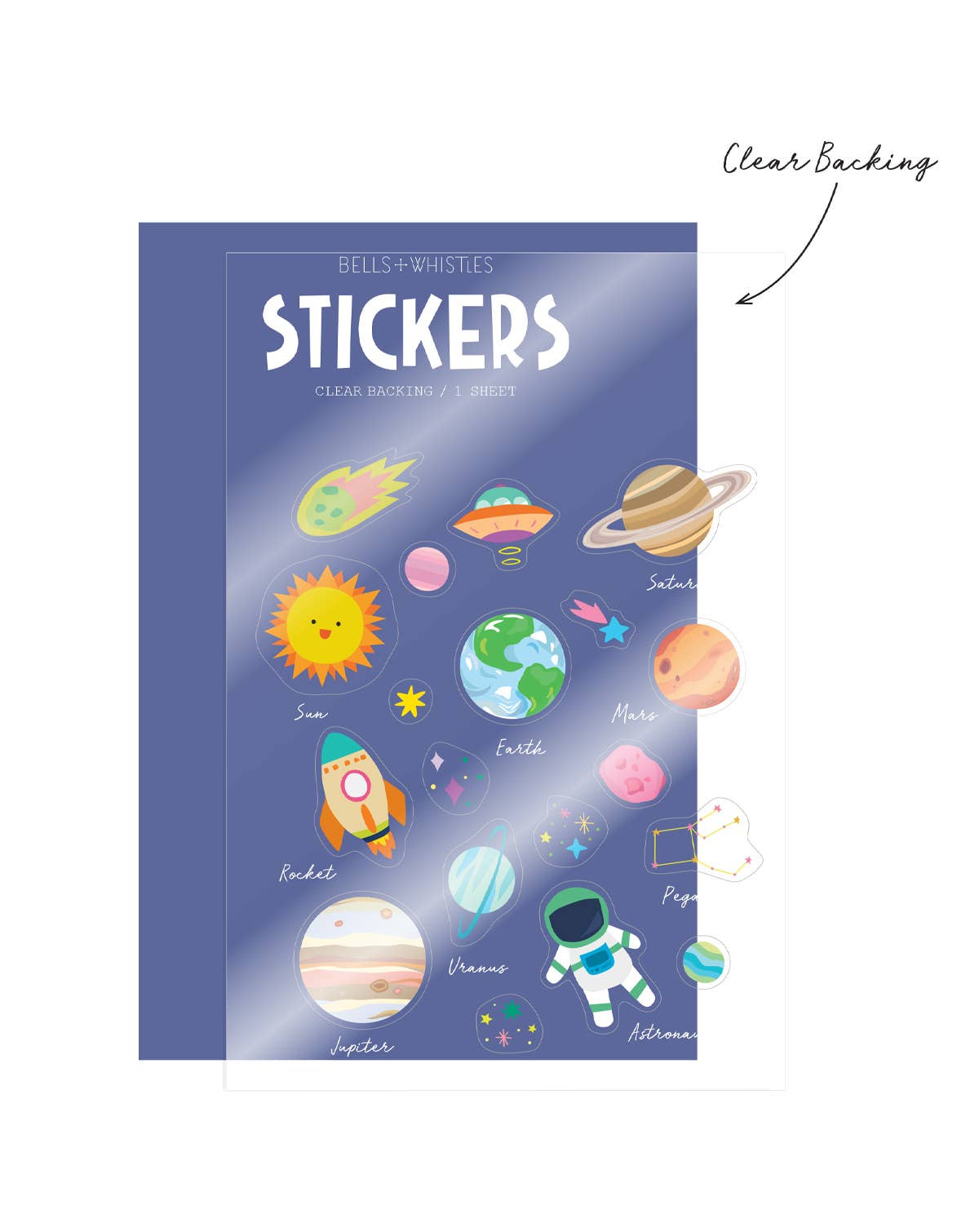 Planet Clear Stickers: Durable plastic stickers on clear backing featuring labeled planets, the sun, a rocket, an astronaut, and a UFO—perfect for easy learning and decorating.