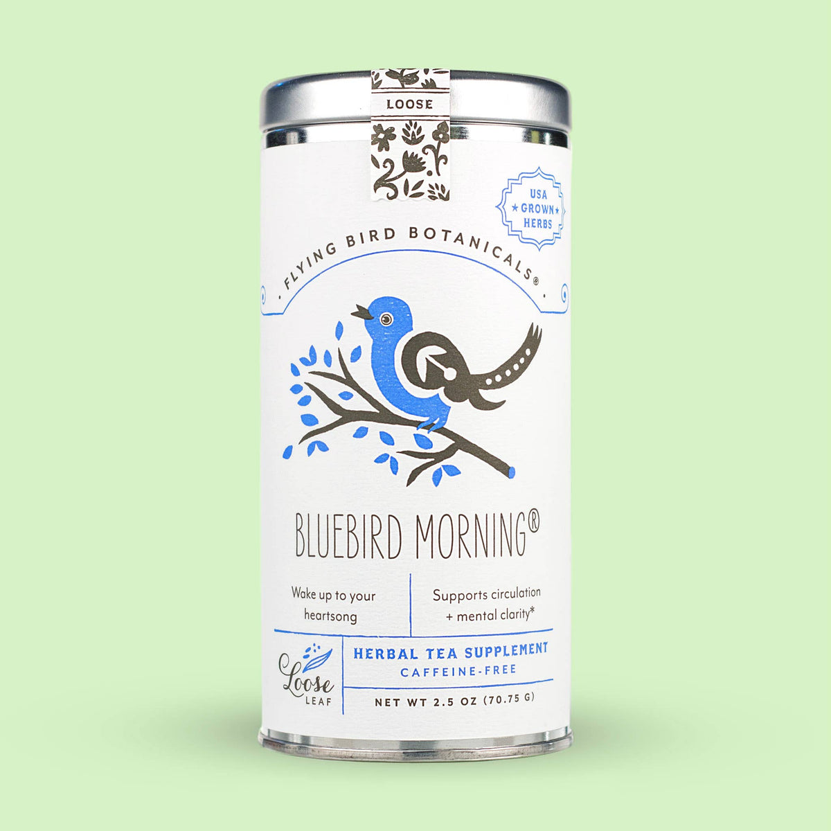 A cylindrical tin of Bluebird Morning (MWOI) – Loose Leaf Tin featuring an illustration of a bluebird on a branch.