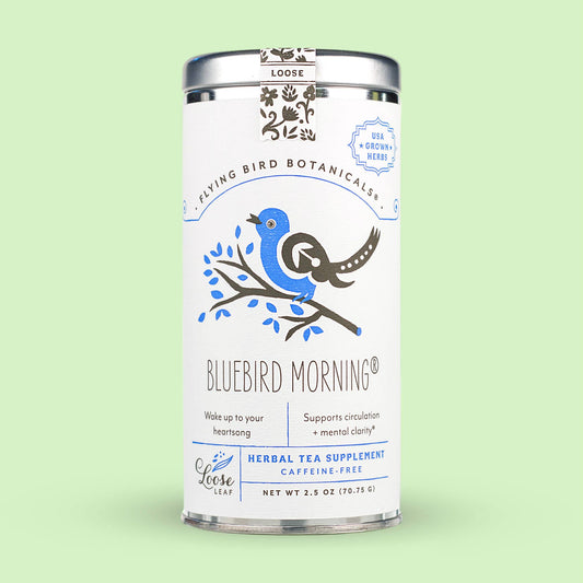 A cylindrical tin of Bluebird Morning (MWOI) – Loose Leaf Tin featuring an illustration of a bluebird on a branch.
